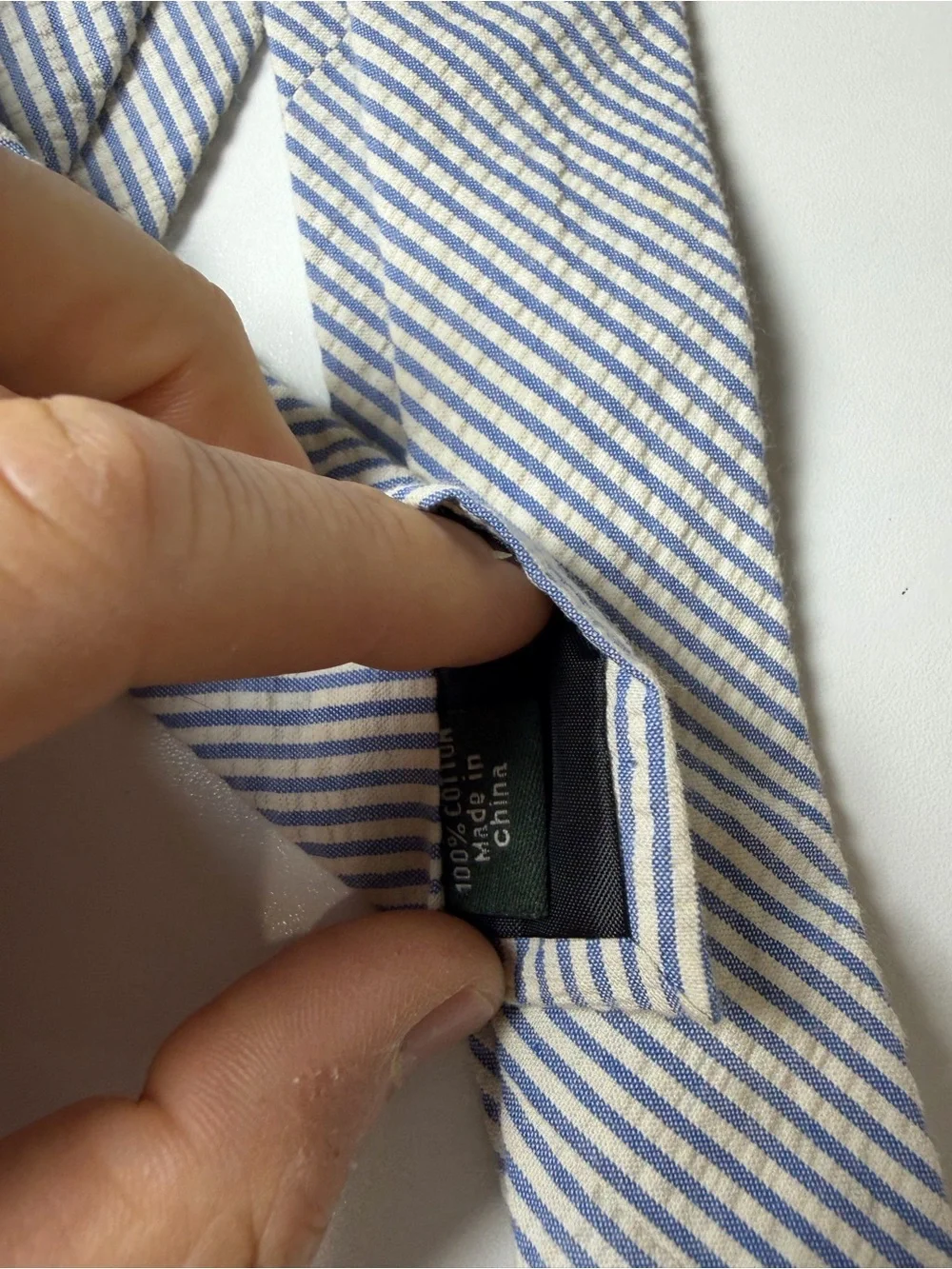 J. Crew 100% Cotton Seersucker Blue and White Diagonal Stripe Slim Modern Tie